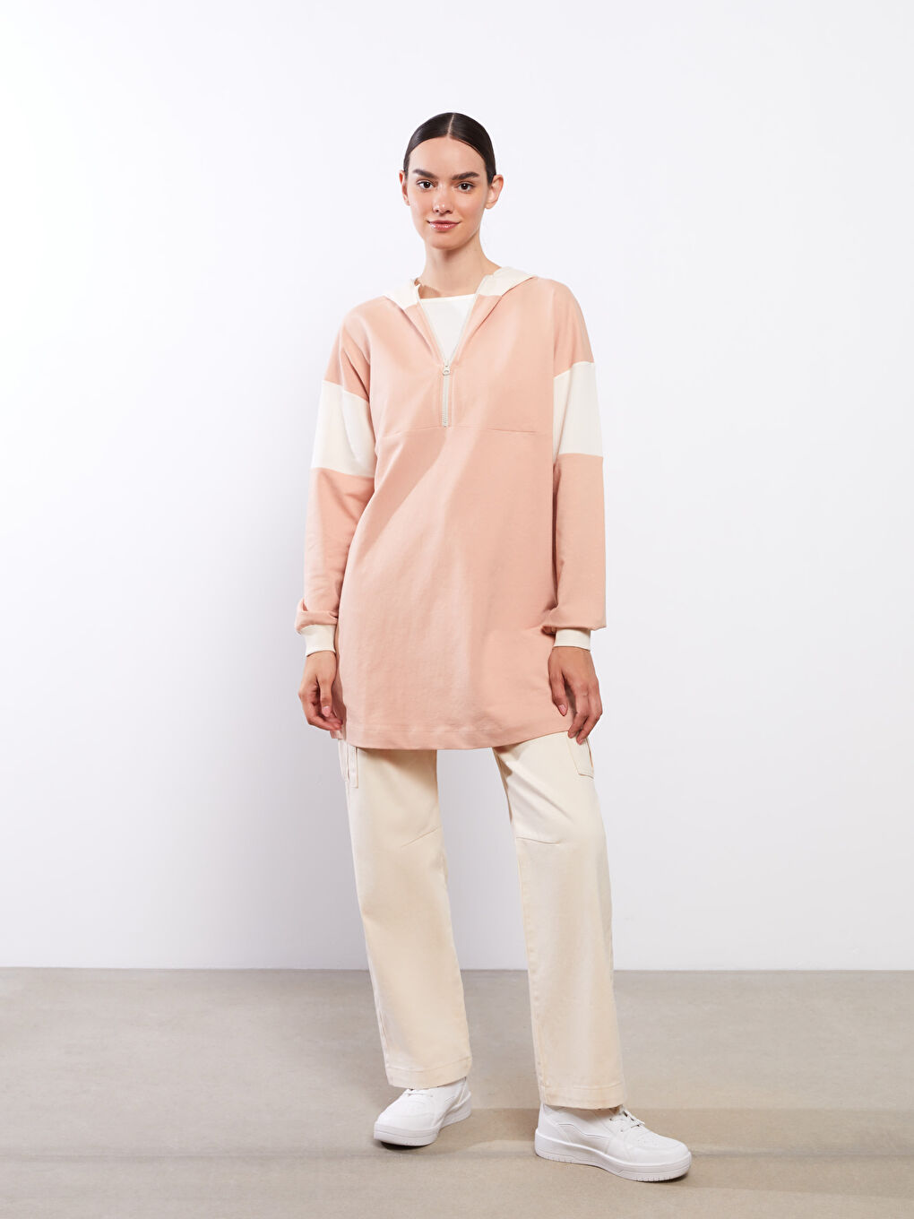 Hooded Color Block Long Sleeve Women's Sweatshirt Tunic-2