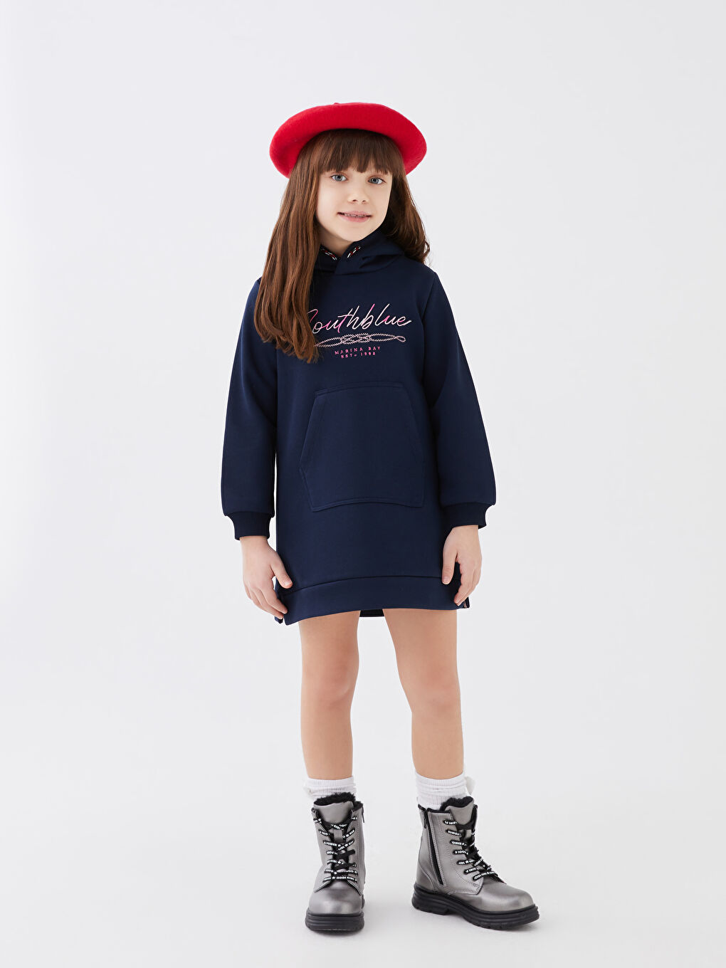 Lacivert Kapüşonlu Nakışlı Uzun Kollu Kız Çocuk Elbise