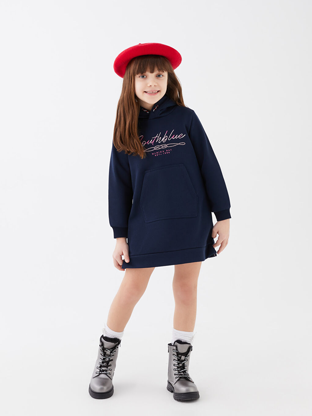 Lacivert Kapüşonlu Nakışlı Uzun Kollu Kız Çocuk Elbise-1
