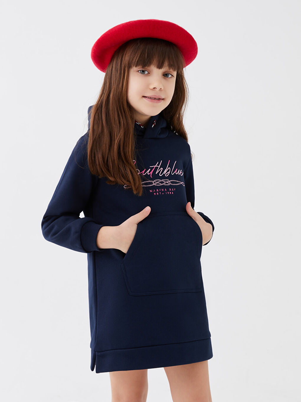 Lacivert Kapüşonlu Nakışlı Uzun Kollu Kız Çocuk Elbise-2