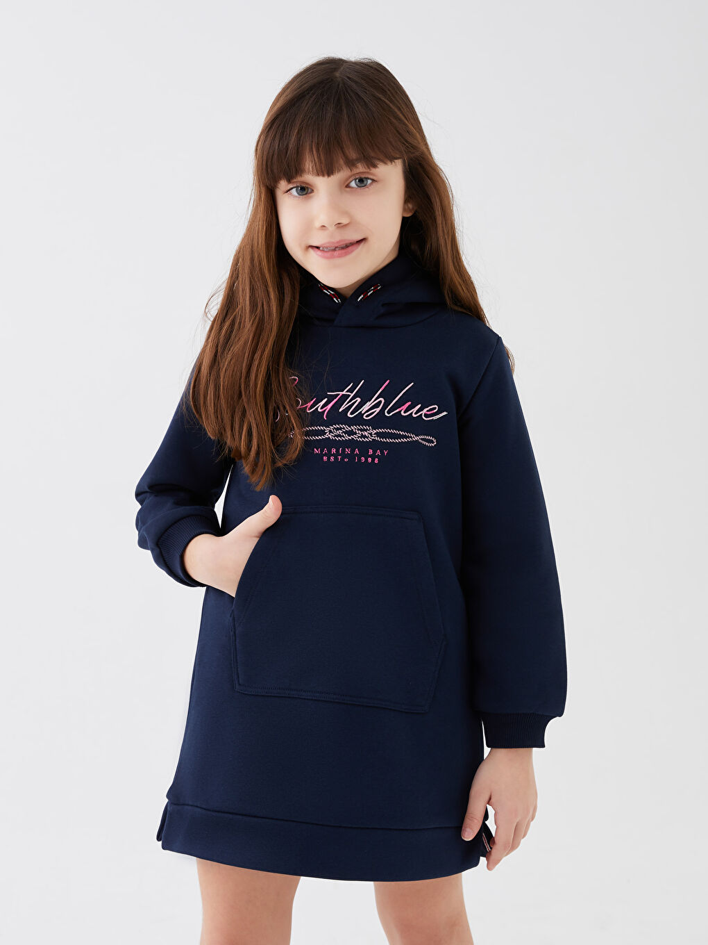 Lacivert Kapüşonlu Nakışlı Uzun Kollu Kız Çocuk Elbise-3