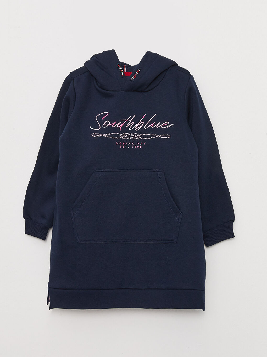 Lacivert Kapüşonlu Nakışlı Uzun Kollu Kız Çocuk Elbise-4