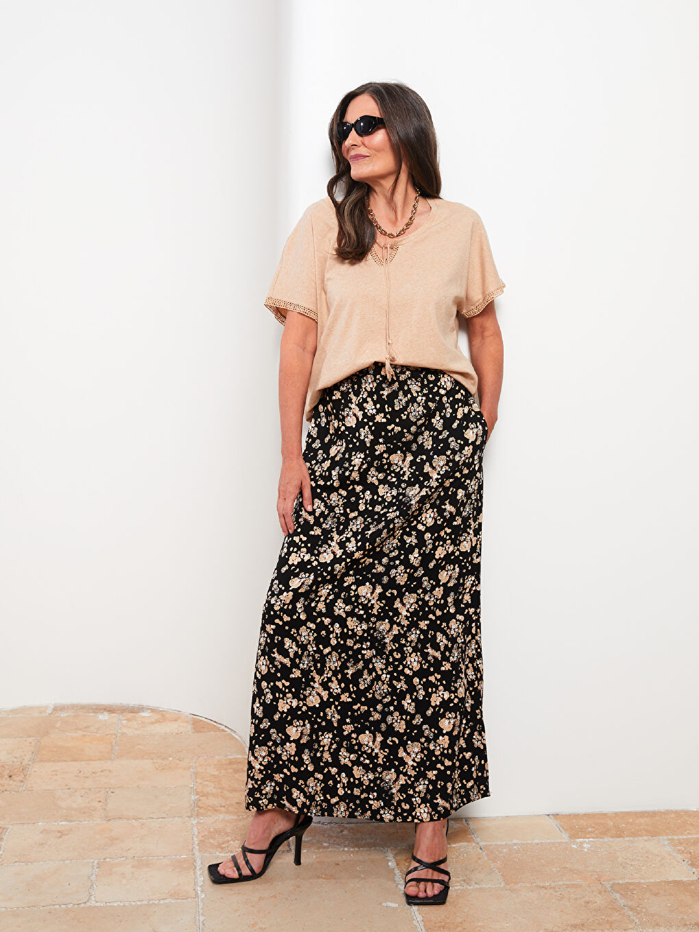 Elastic Waist Patterned A-Cut Viscose Women's Skirt-1