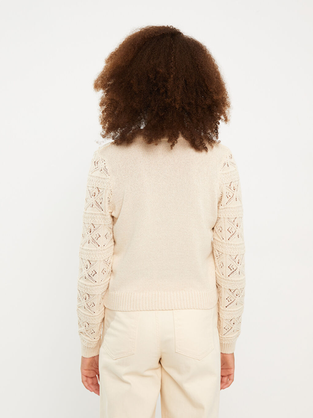 Ekru V Yaka Kendinden Desenli Uzun Kollu Kadın Triko Hırka-4