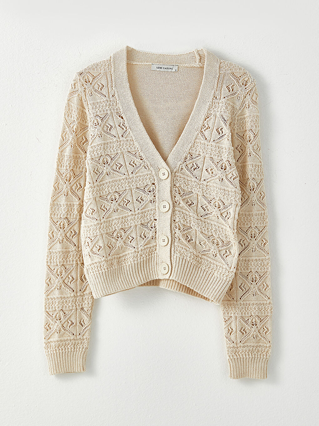 Ekru V Yaka Kendinden Desenli Uzun Kollu Kadın Triko Hırka-5