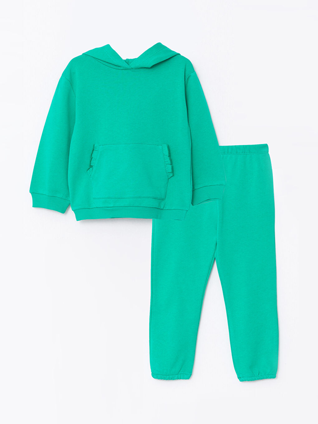 Yeşil Kapüşonlu Uzun Kollu Basic Kız Bebek Sweatshirt ve Pantolon 2'li Takım