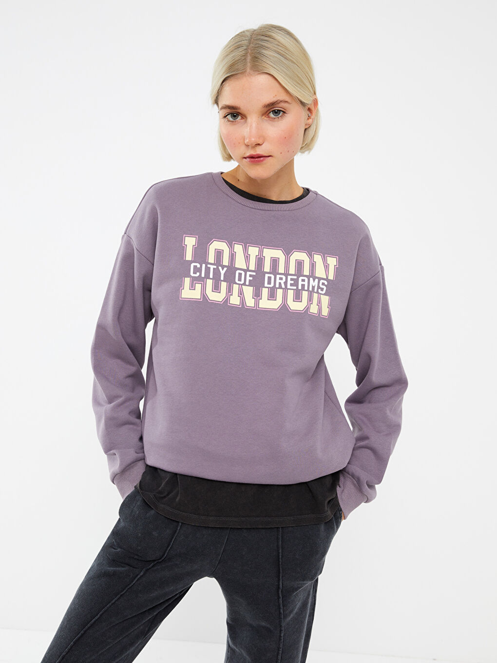 LCW Vision Lila Bisiklet Yaka Baskılı Kadın Kalın Sweatshirt