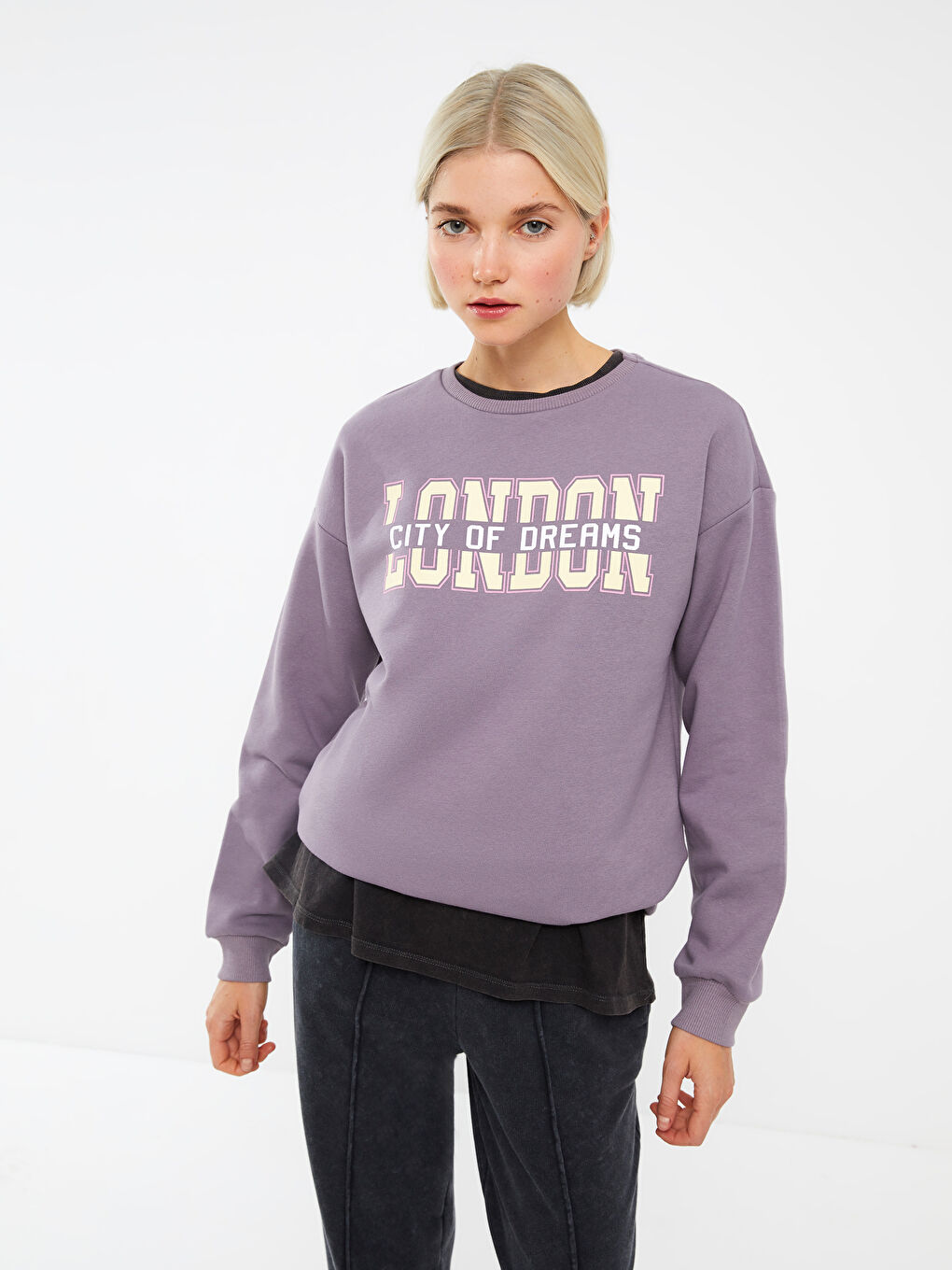 LCW Vision Lila Bisiklet Yaka Baskılı Kadın Kalın Sweatshirt - 1