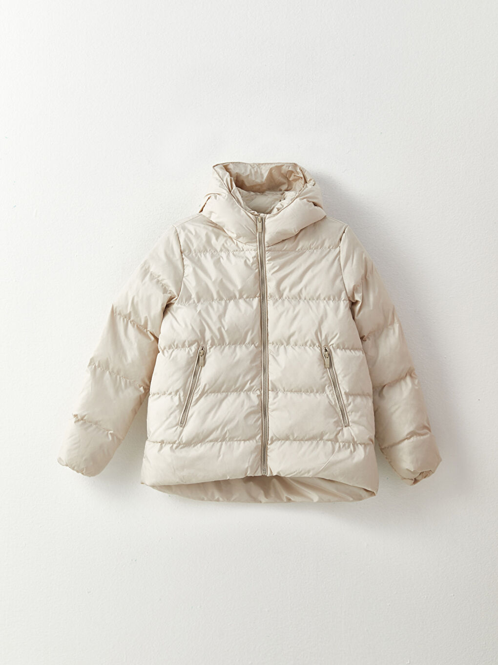 Bej Kadın Kapüşonlu Düz Şişme Mont-5