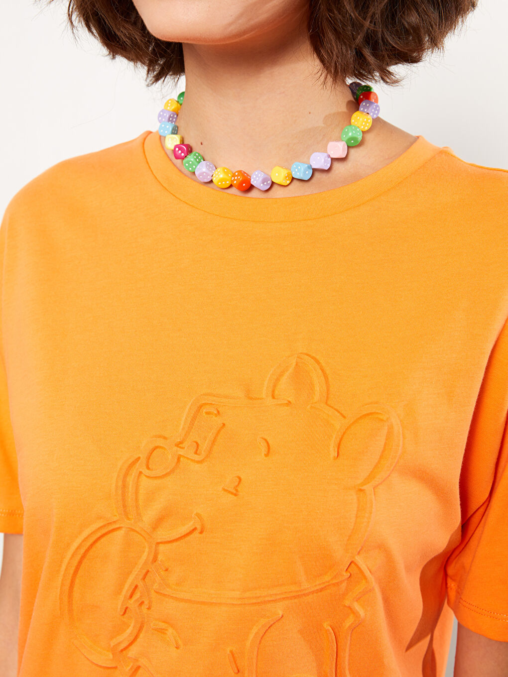 Turuncu Bisiklet Yaka Winnie the Pooh Baskılı Kısa Kollu Pamuklu Kadın Tişört-3
