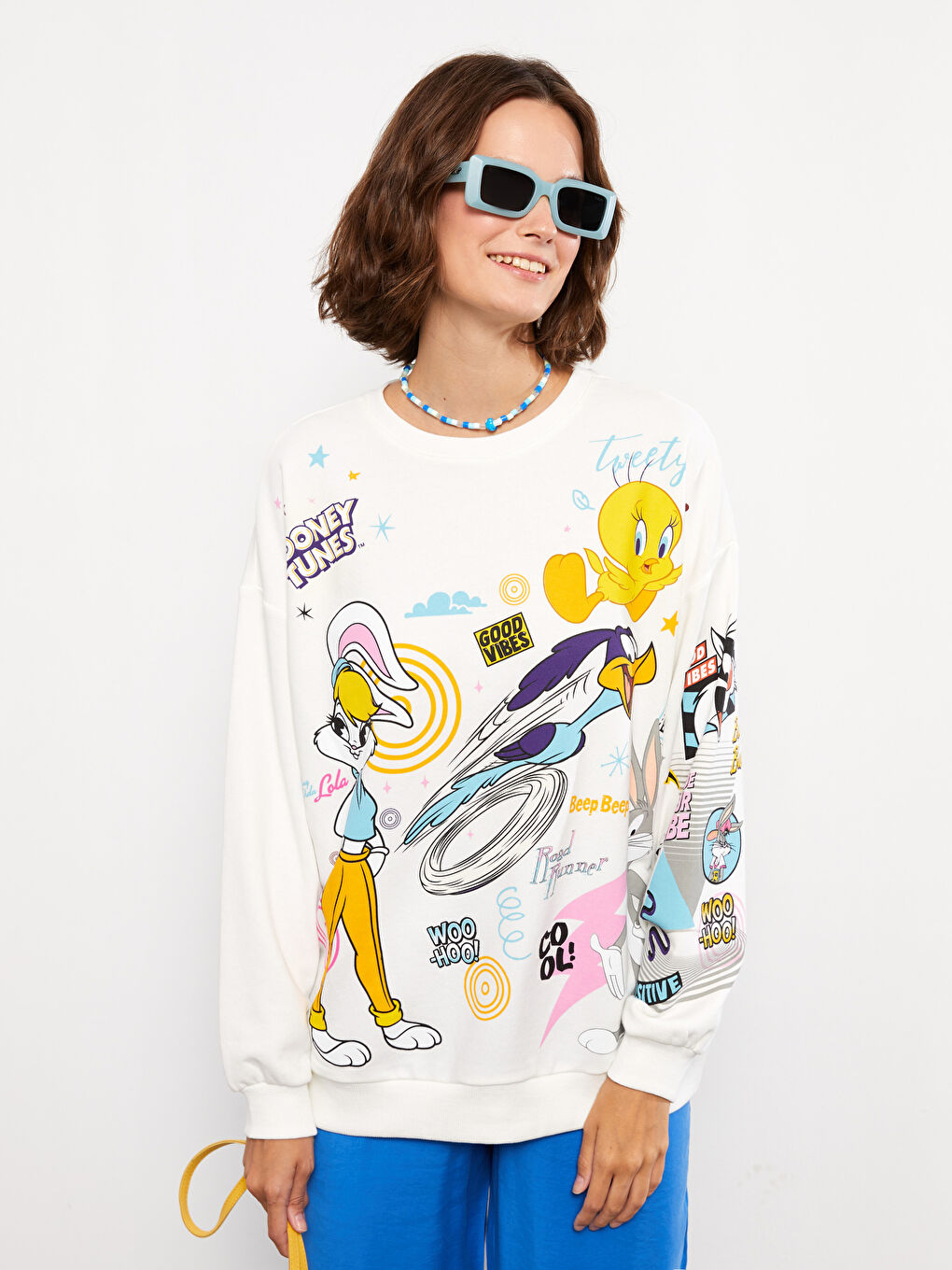 Свитшот с круглым вырезом, с принтом Багз Банни, с длинным рукавом для женщин-2