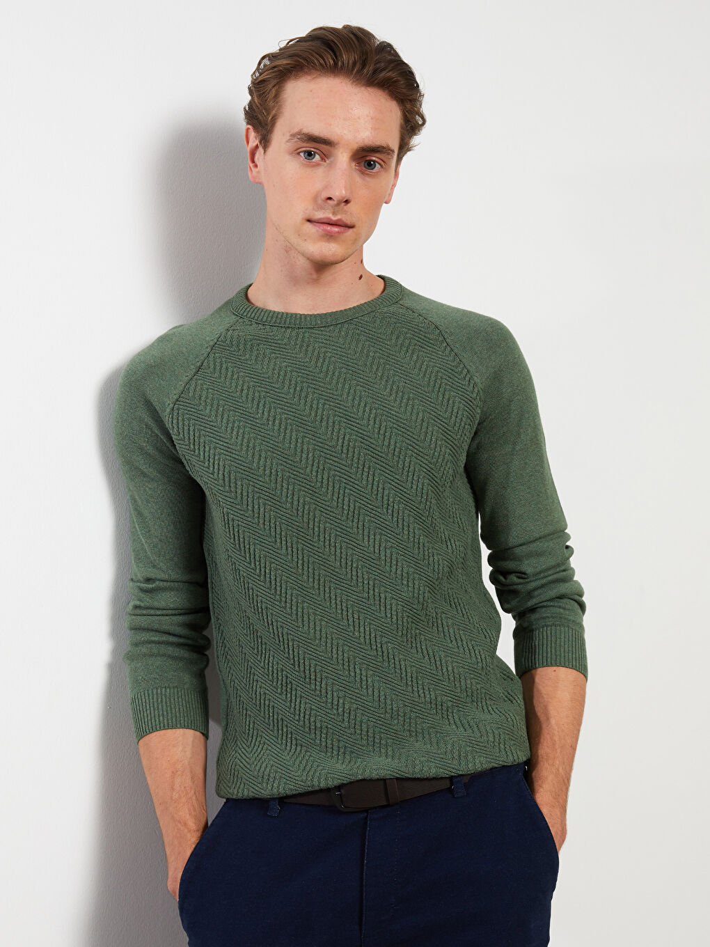 Yeşil Bisiklet Yaka Uzun Kollu Kendinden Desenli Erkek Triko Kazak