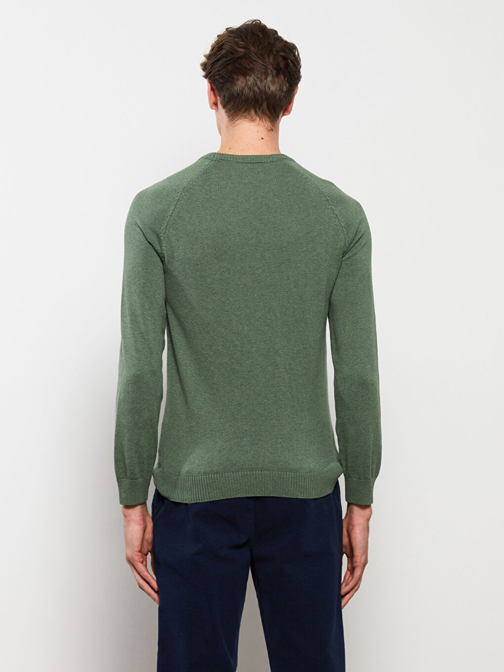 Yeşil Bisiklet Yaka Uzun Kollu Kendinden Desenli Erkek Triko Kazak-4