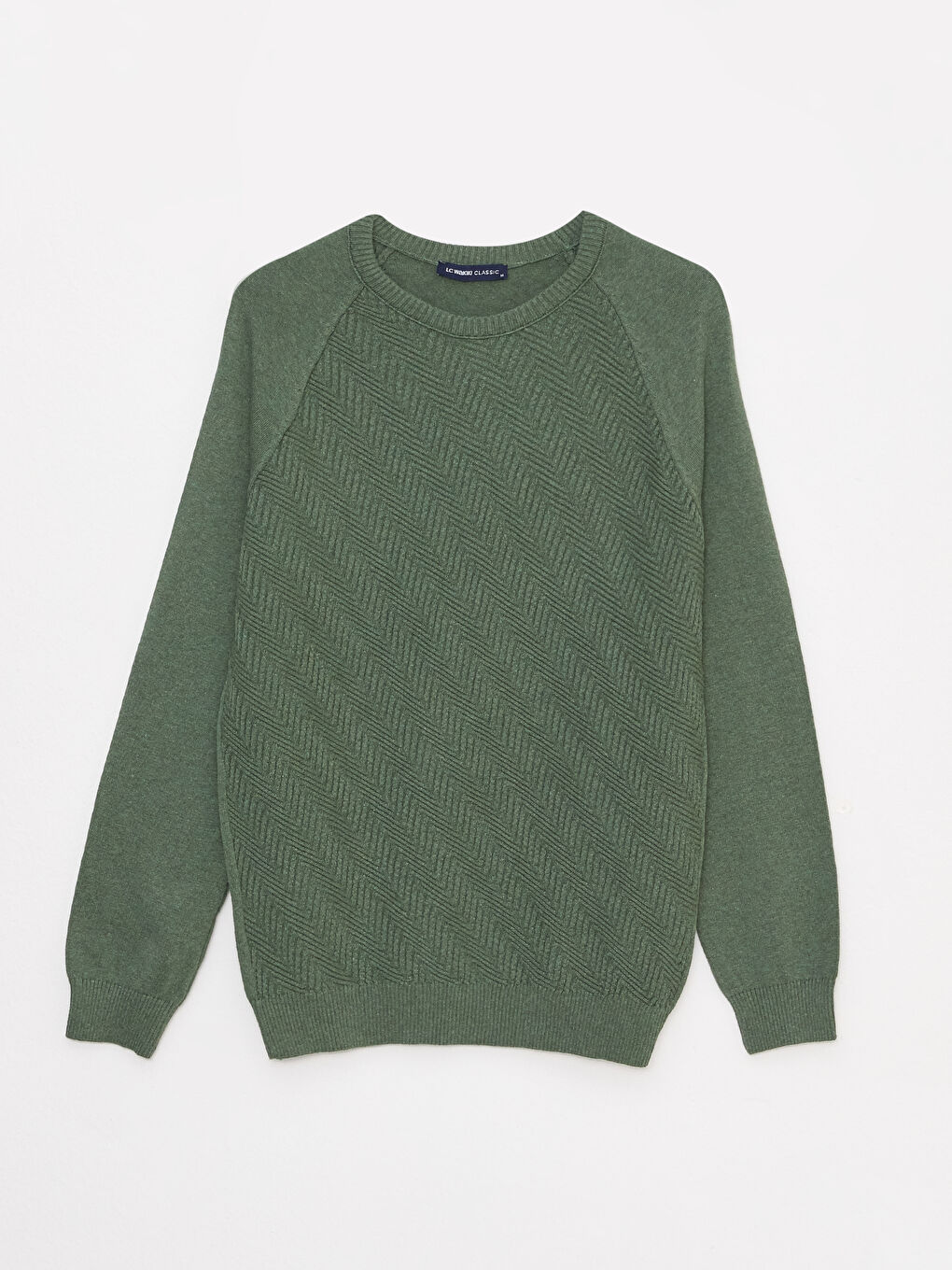 Yeşil Bisiklet Yaka Uzun Kollu Kendinden Desenli Erkek Triko Kazak-5