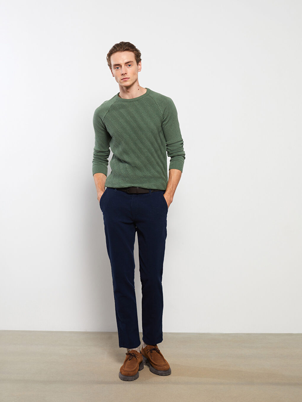 Yeşil Bisiklet Yaka Uzun Kollu Kendinden Desenli Erkek Triko Kazak-2