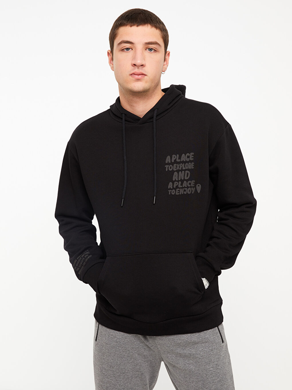 XSIDE Yeni Siyah Oversize Uzun Kollu Baskılı Erkek Hoodie - 1