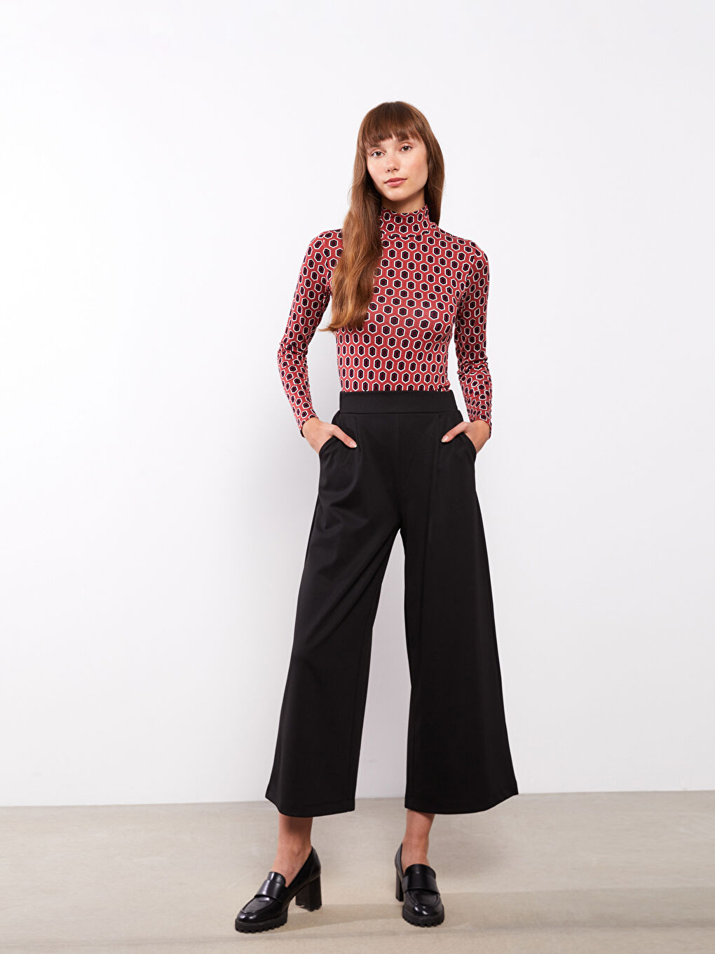 Turtle Neck Patterned Long Sleeve Women's T-shirt-1