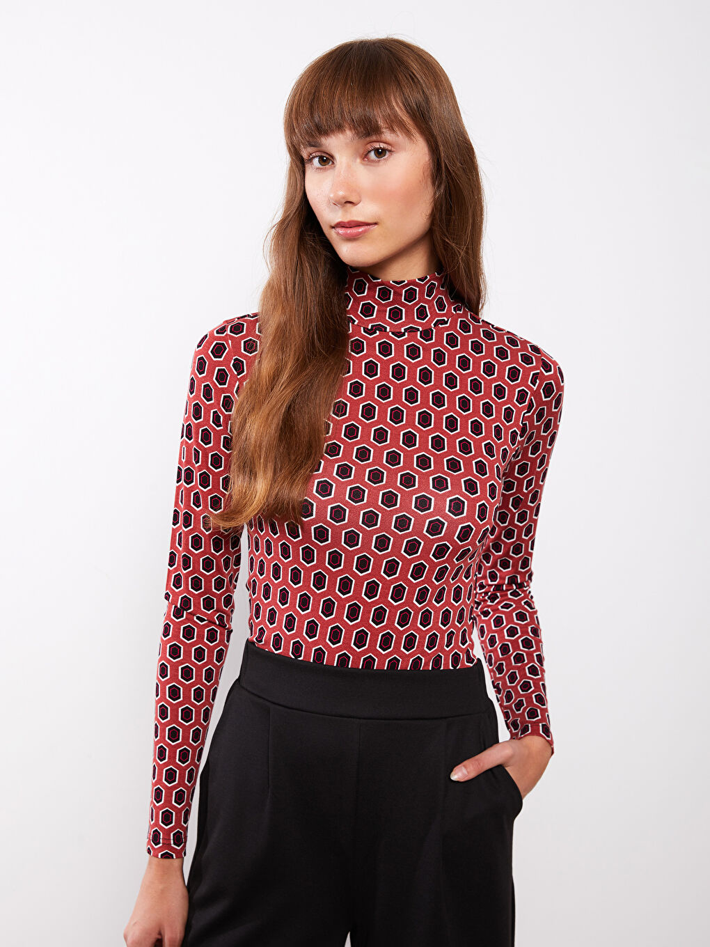 Turtle Neck Patterned Long Sleeve Women's T-shirt-2