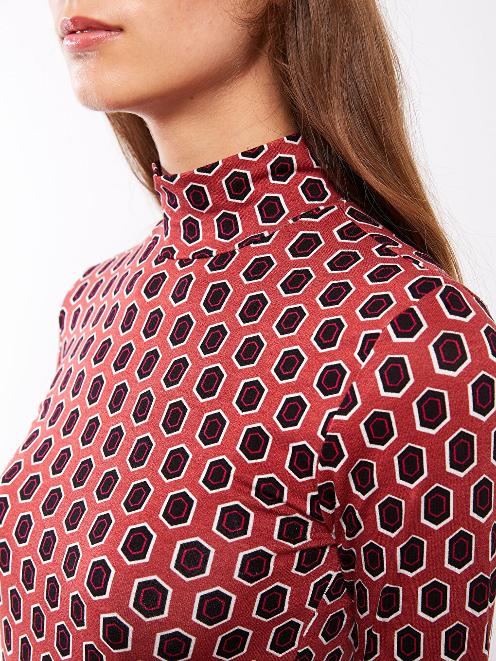 Turtle Neck Patterned Long Sleeve Women's T-shirt-3