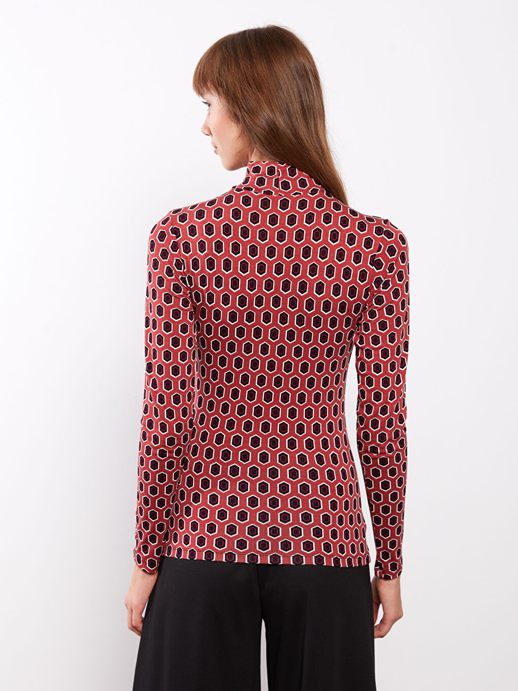Turtle Neck Patterned Long Sleeve Women's T-shirt-4