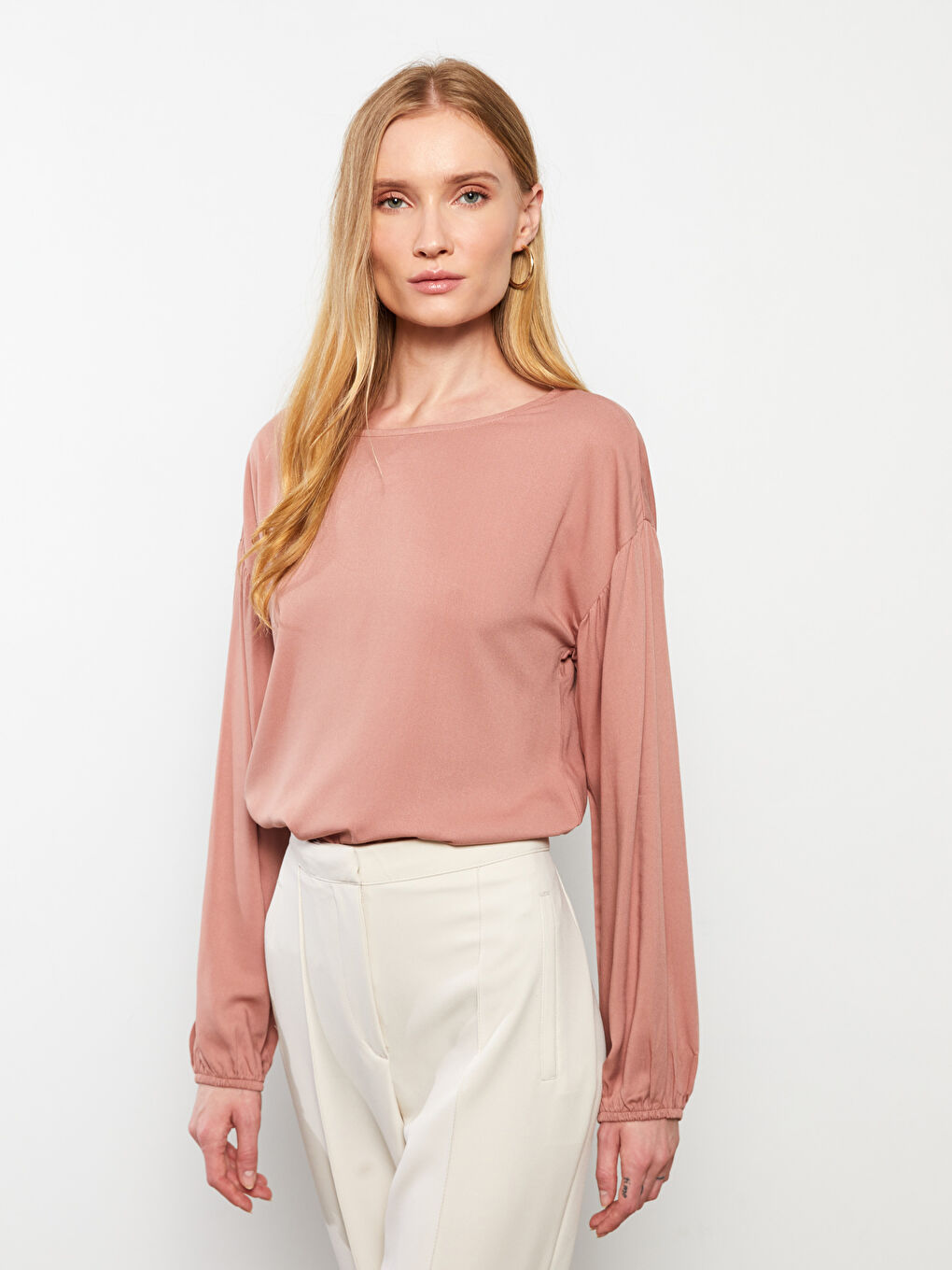 Crew Neck Straight Long Sleeve Viscose Women's Blouse-1