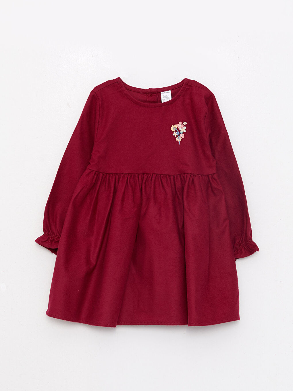 Bordo Bisiklet Yaka Uzun Kollu Nakışlı Kız Bebek Elbise