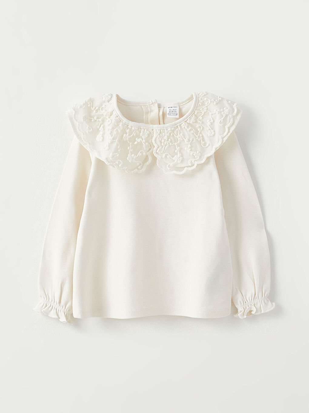 Футболка для малышек девочек с длинным рукавом, воротником Бебе и вышитыми деталями-3