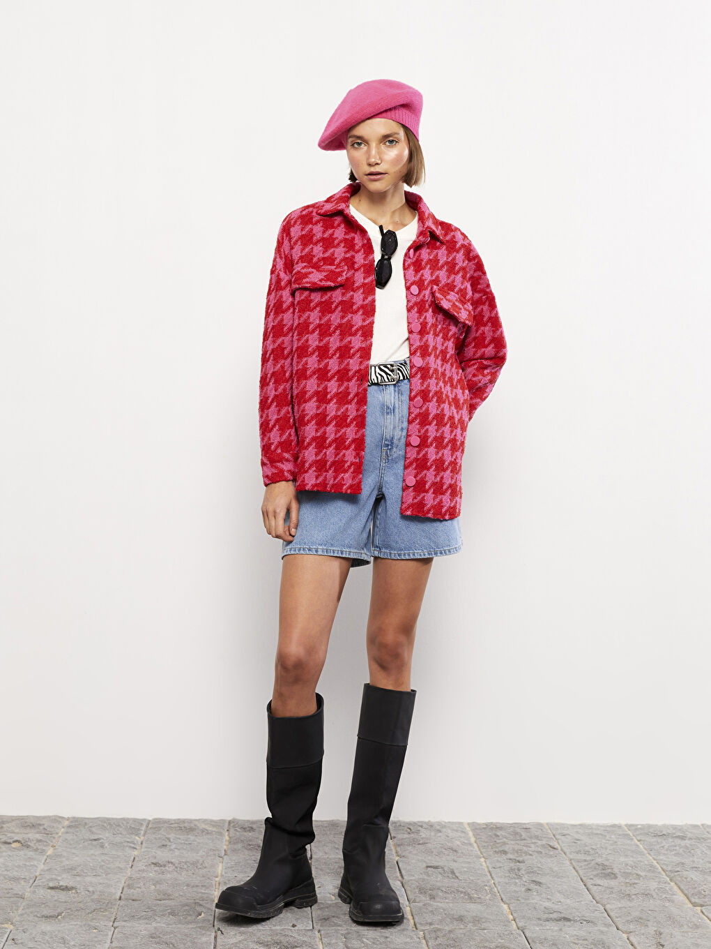 Buttoned Patterned Long Sleeve Tweed Women's Shirt Jacket-3