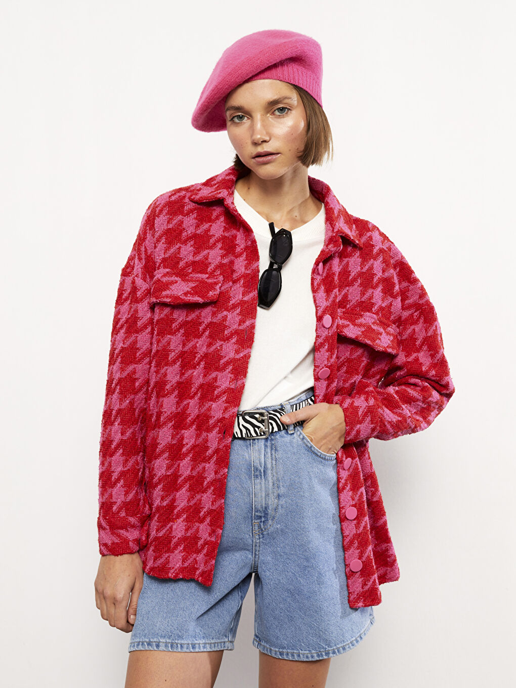 Buttoned Patterned Long Sleeve Tweed Women's Shirt Jacket-4