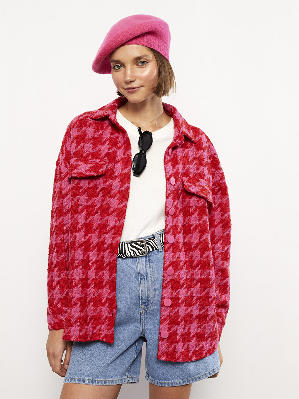 Buttoned Patterned Long Sleeve Tweed Women's Shirt Jacket-5