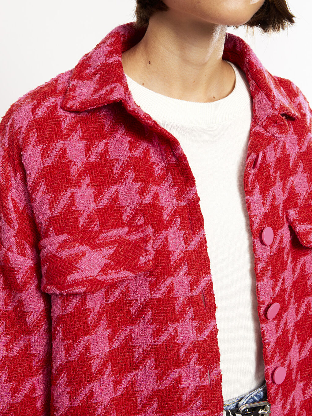 Buttoned Patterned Long Sleeve Tweed Women's Shirt Jacket-6