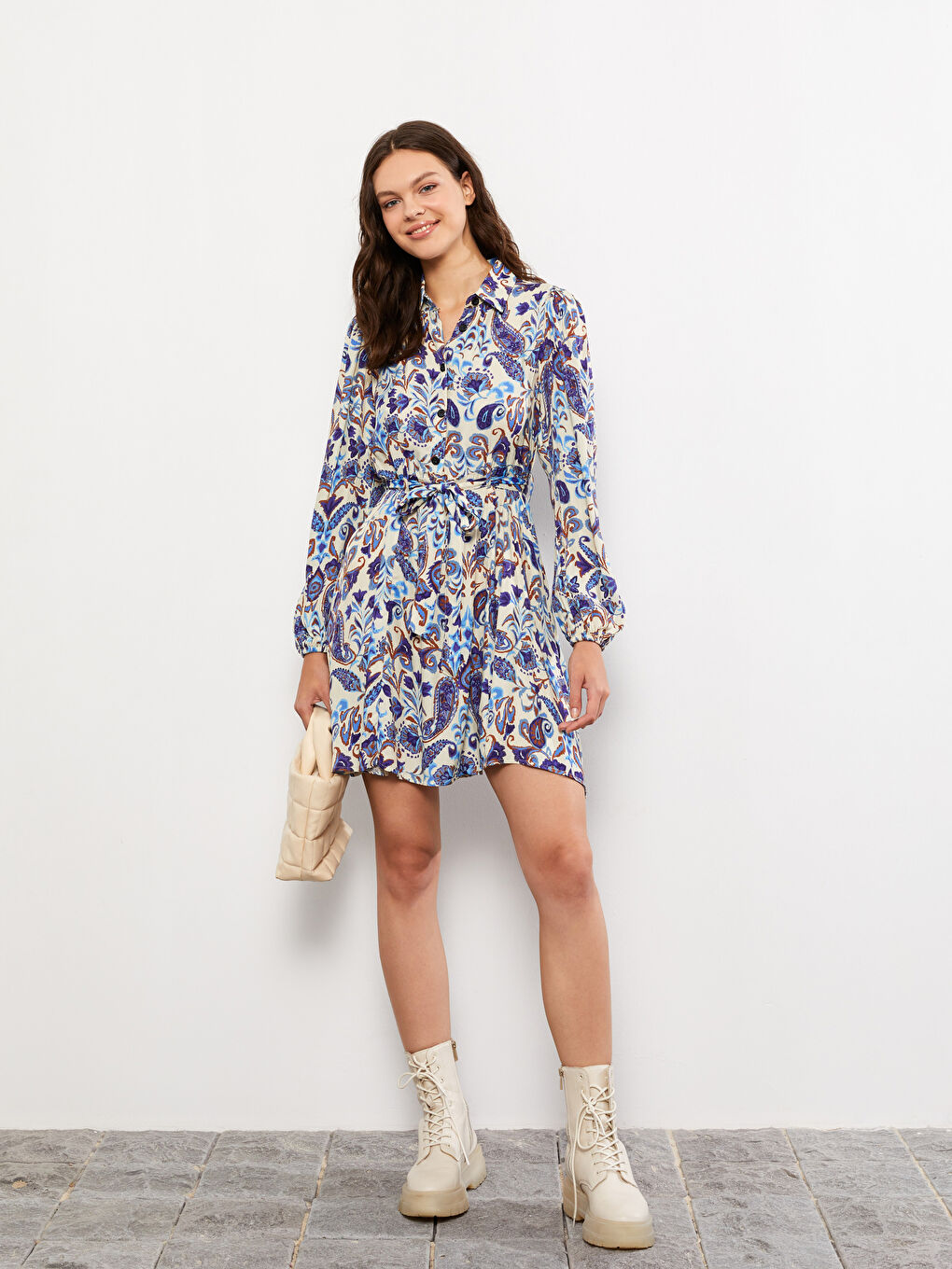 Mavi Desenli Uzun Kollu Viskon Kadın Gömlek Elbise-2