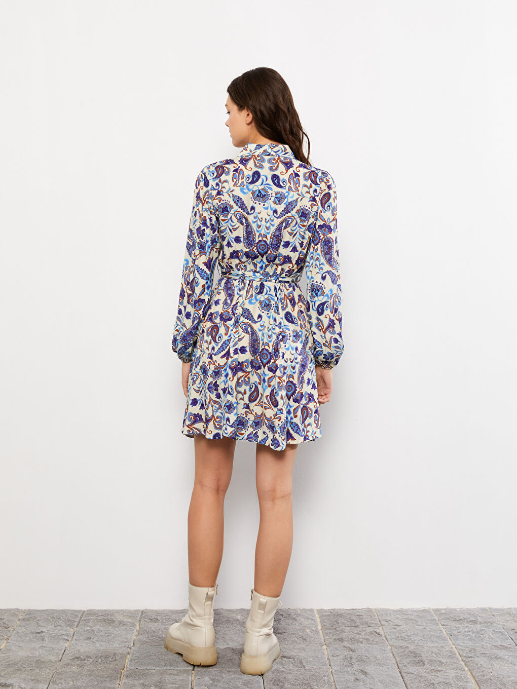 Mavi Desenli Uzun Kollu Viskon Kadın Gömlek Elbise-4