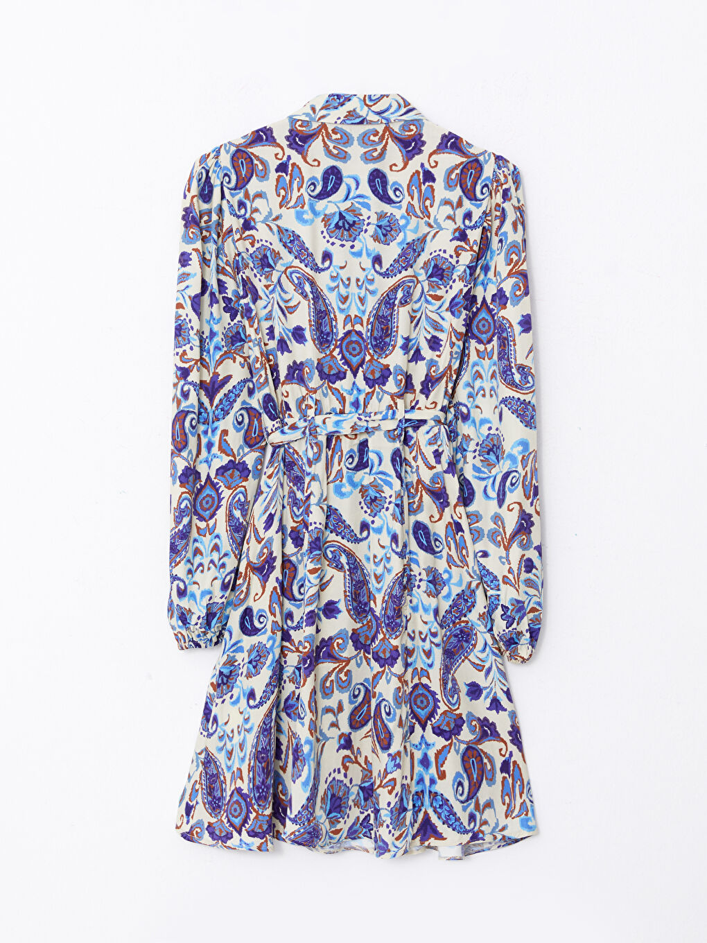 Mavi Desenli Uzun Kollu Viskon Kadın Gömlek Elbise-6