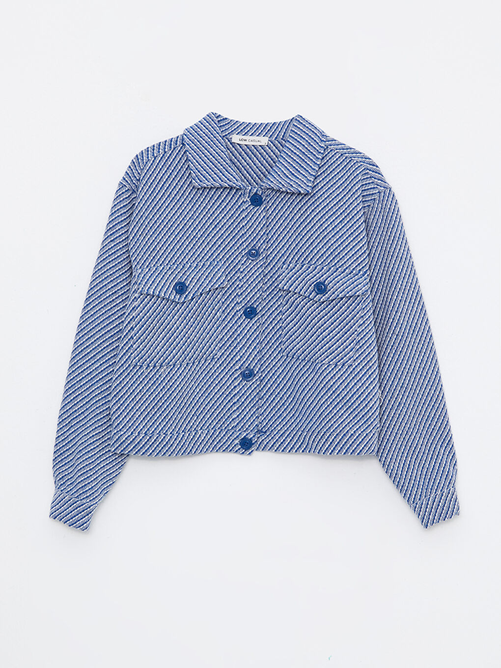 Mavi Gömlek Yaka Desenli Uzun Kollu Kadın Ceket-5