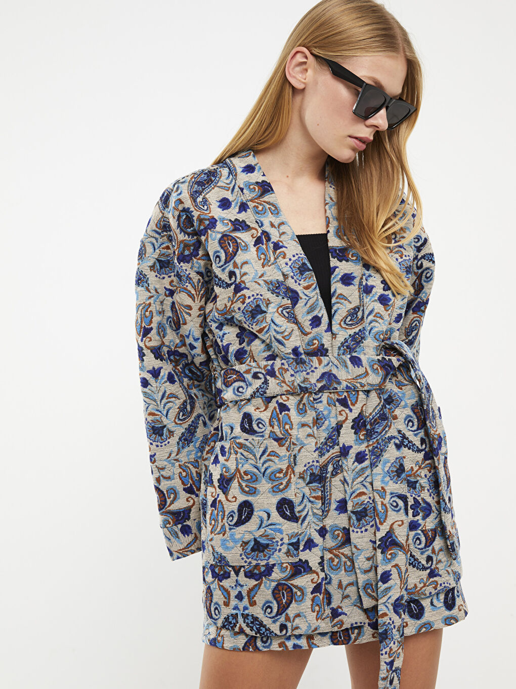 Mavi Şal Yaka Desenli Uzun Kollu Kadın Ceket-2