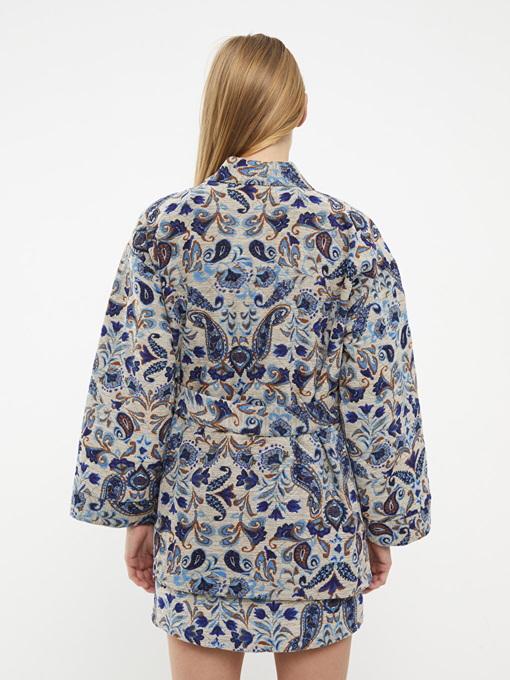 Mavi Şal Yaka Desenli Uzun Kollu Kadın Ceket-4