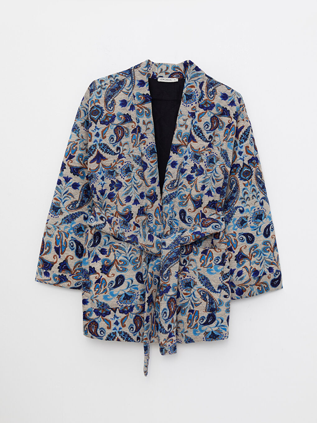 Mavi Şal Yaka Desenli Uzun Kollu Kadın Ceket-5