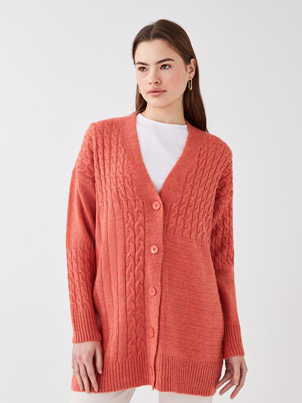 Turuncu V Yaka Kendinden Desenli Uzun Kollu Oversize Kadın Triko Hırka-3