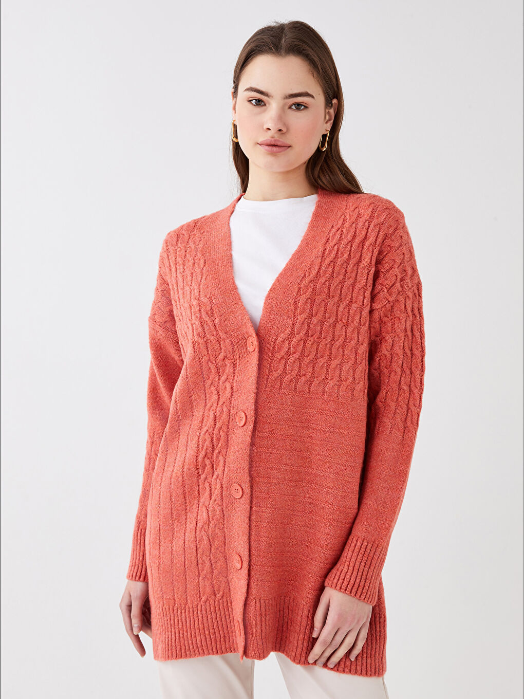 Turuncu V Yaka Kendinden Desenli Uzun Kollu Oversize Kadın Triko Hırka-4