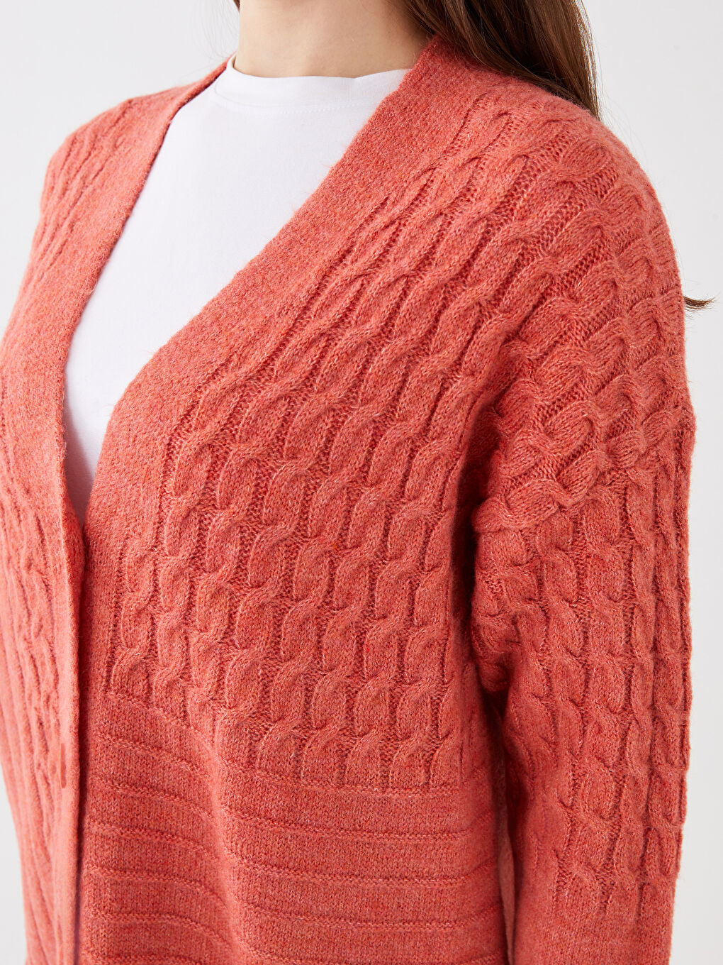 Turuncu V Yaka Kendinden Desenli Uzun Kollu Oversize Kadın Triko Hırka-6