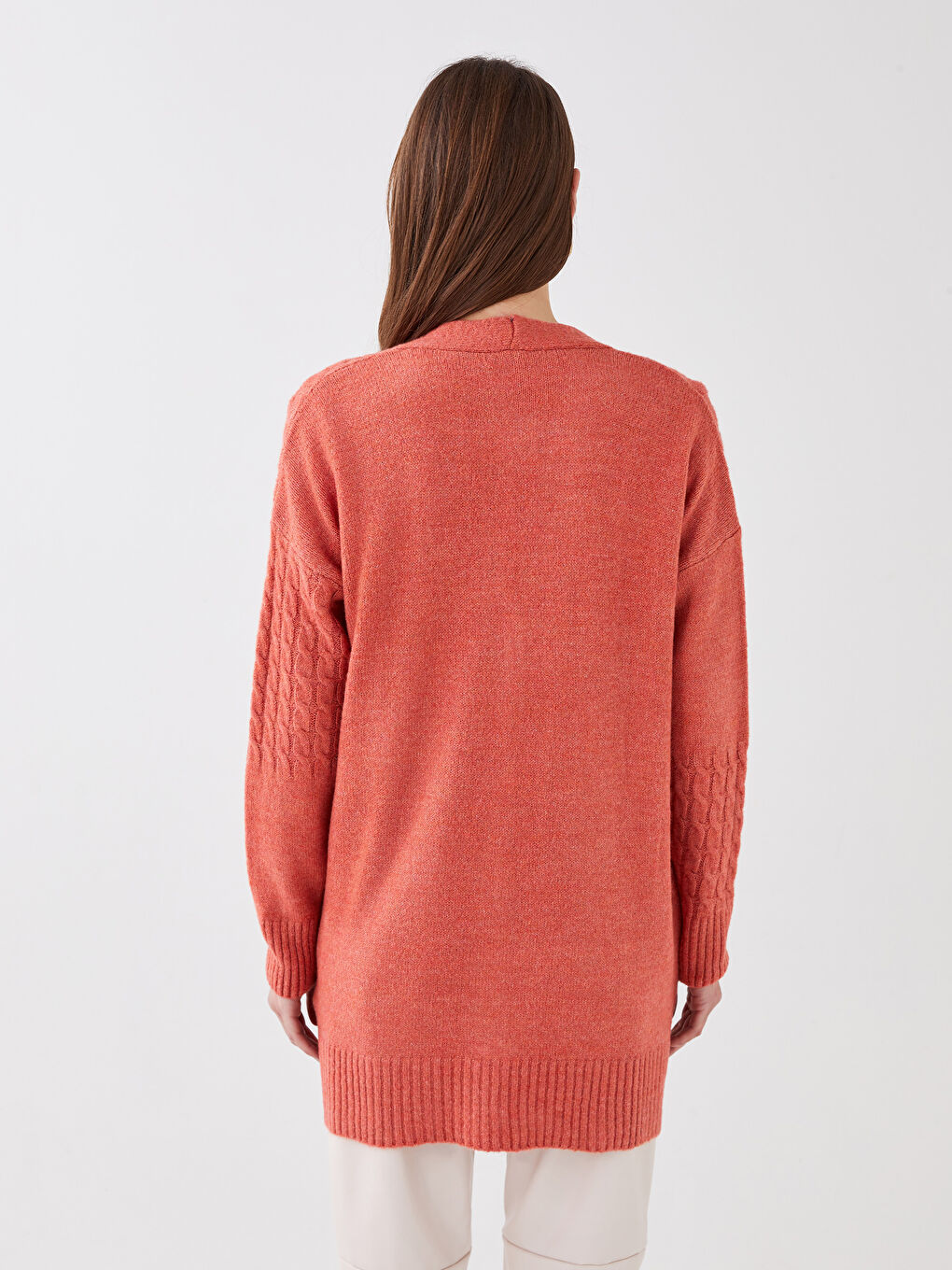 Turuncu V Yaka Kendinden Desenli Uzun Kollu Oversize Kadın Triko Hırka-7