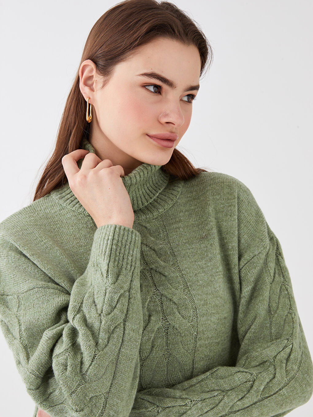 Yeşil Balıkçı Yaka Kendinden Desenli Uzun Kollu Kadın Tunik-3