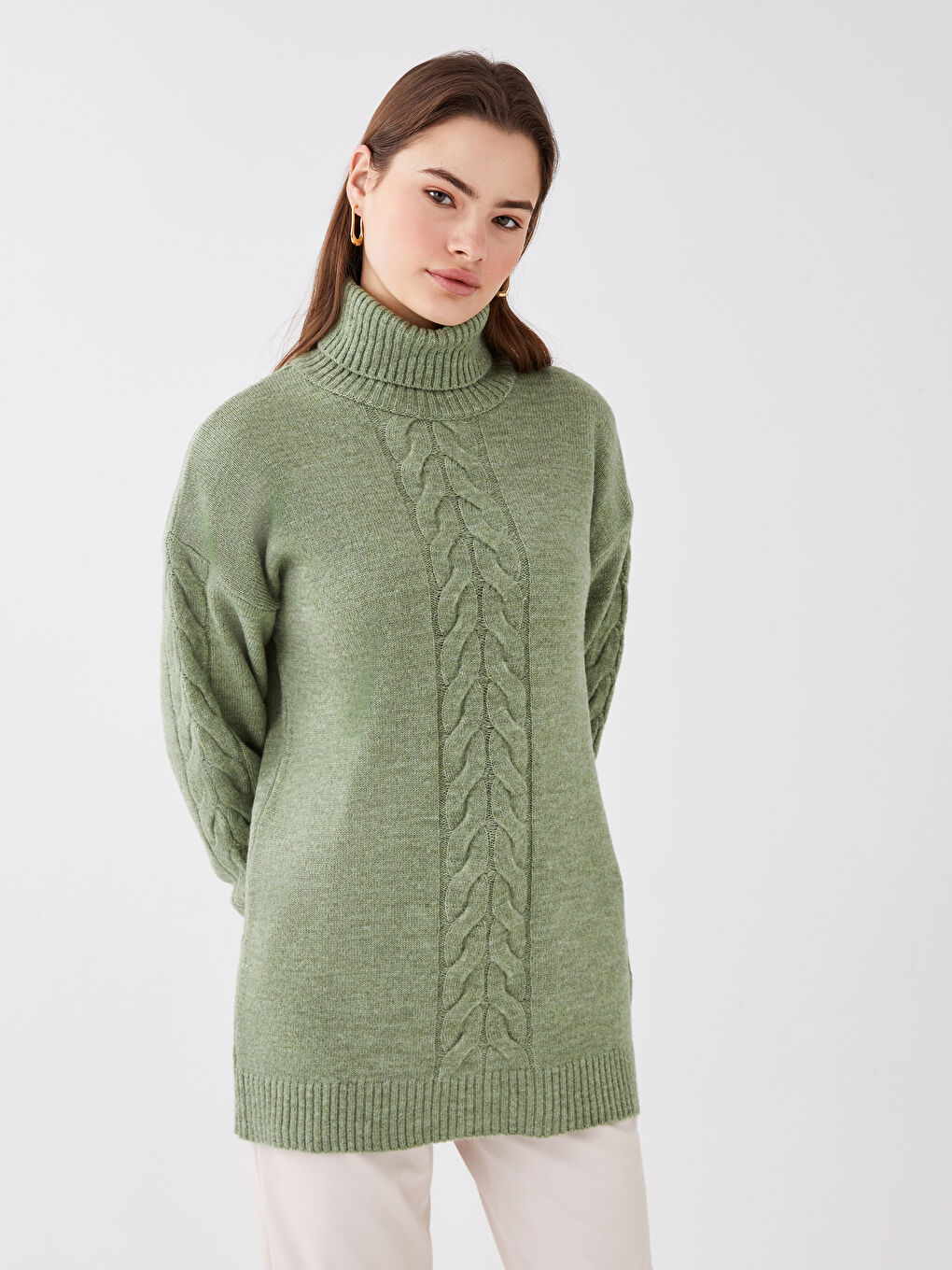 Yeşil Balıkçı Yaka Kendinden Desenli Uzun Kollu Kadın Tunik-4