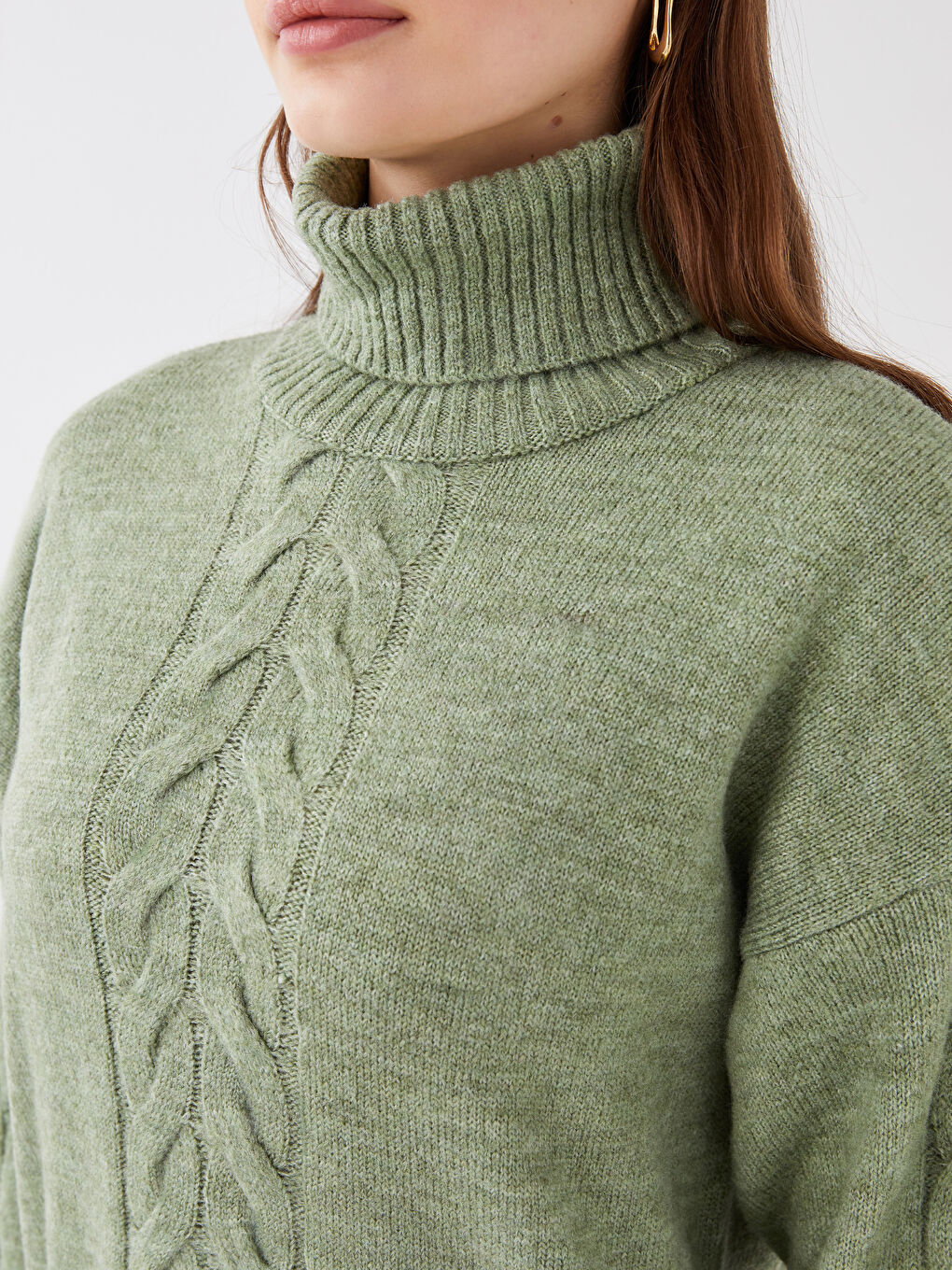 Yeşil Balıkçı Yaka Kendinden Desenli Uzun Kollu Kadın Tunik-6