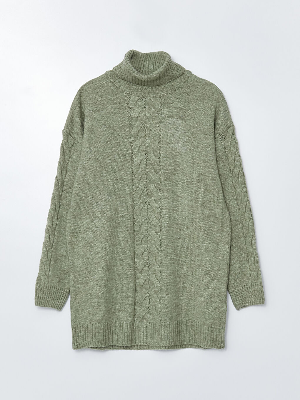 Yeşil Balıkçı Yaka Kendinden Desenli Uzun Kollu Kadın Tunik-8