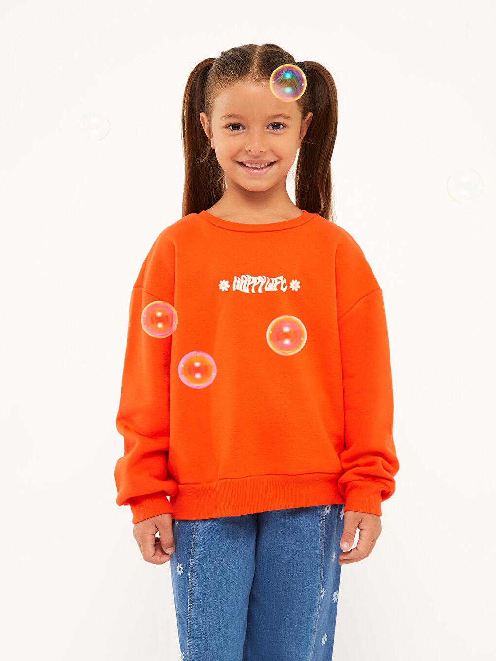 سويت شيرت كم طويل مطبوع بياقة دائرية للبنات-1