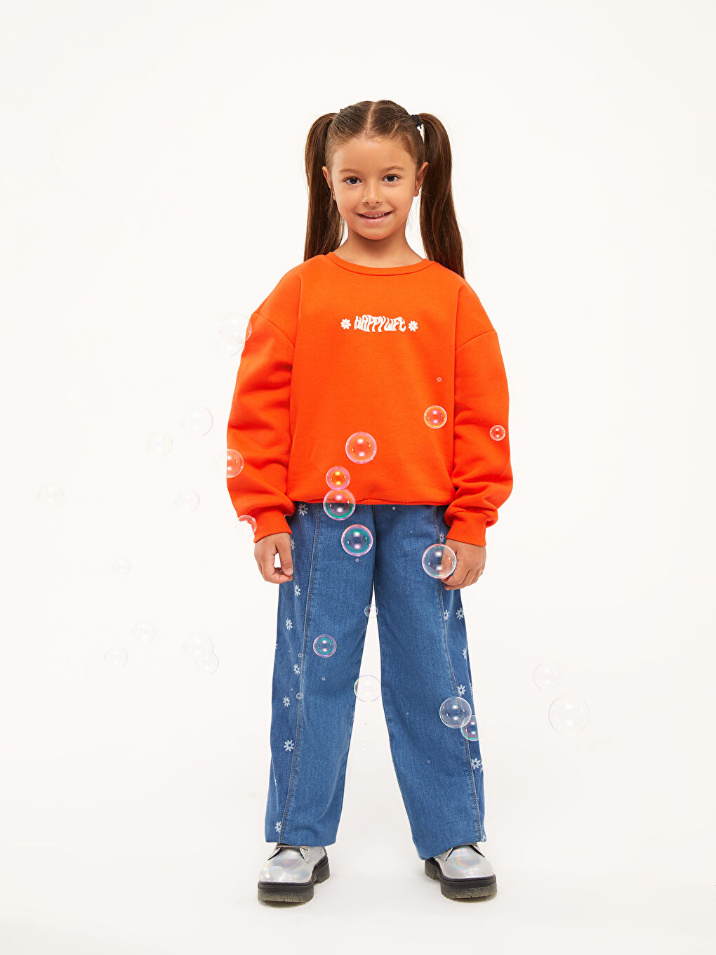 سويت شيرت كم طويل مطبوع بياقة دائرية للبنات-2