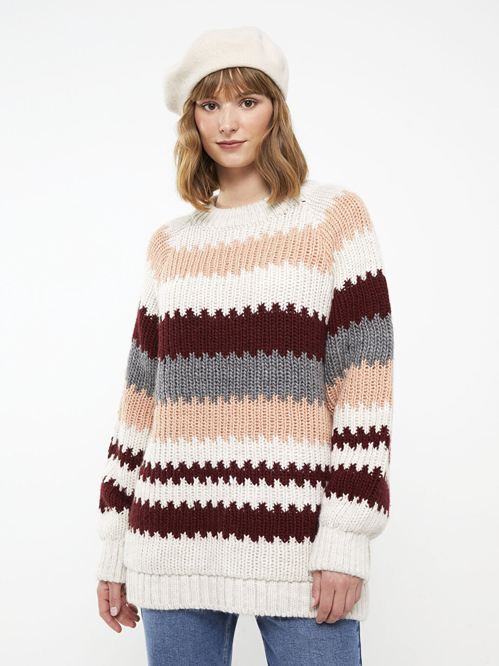 Karışık Bisiklet Yaka Renk Bloklu Uzun Kollu Kadın Triko Kazak-5