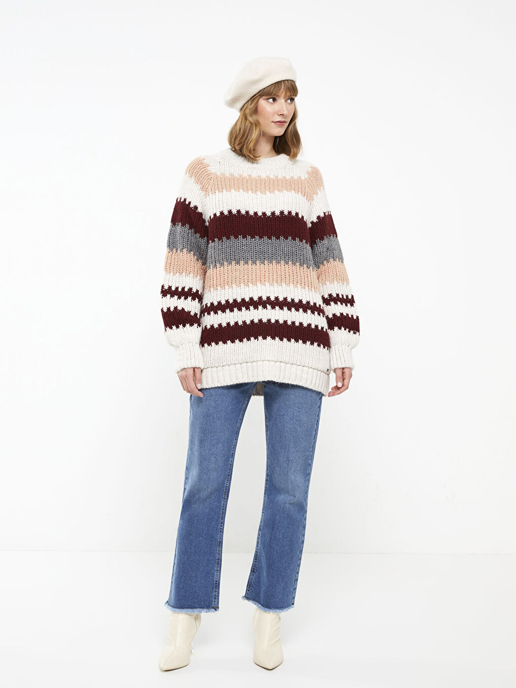 Karışık Bisiklet Yaka Renk Bloklu Uzun Kollu Kadın Triko Kazak-6